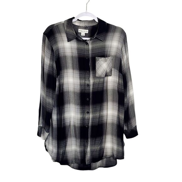 Ava & Viv top black & gray plaid flannel button up 1X - Picture 1 of 4